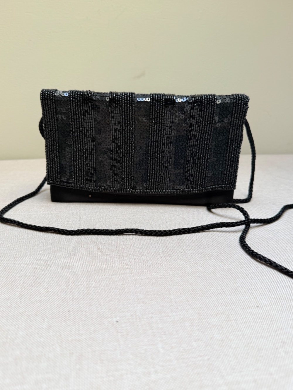 Black Satin and Sequins Evening Bag Purse Formal Prom Wedding - Picture 5 of 8